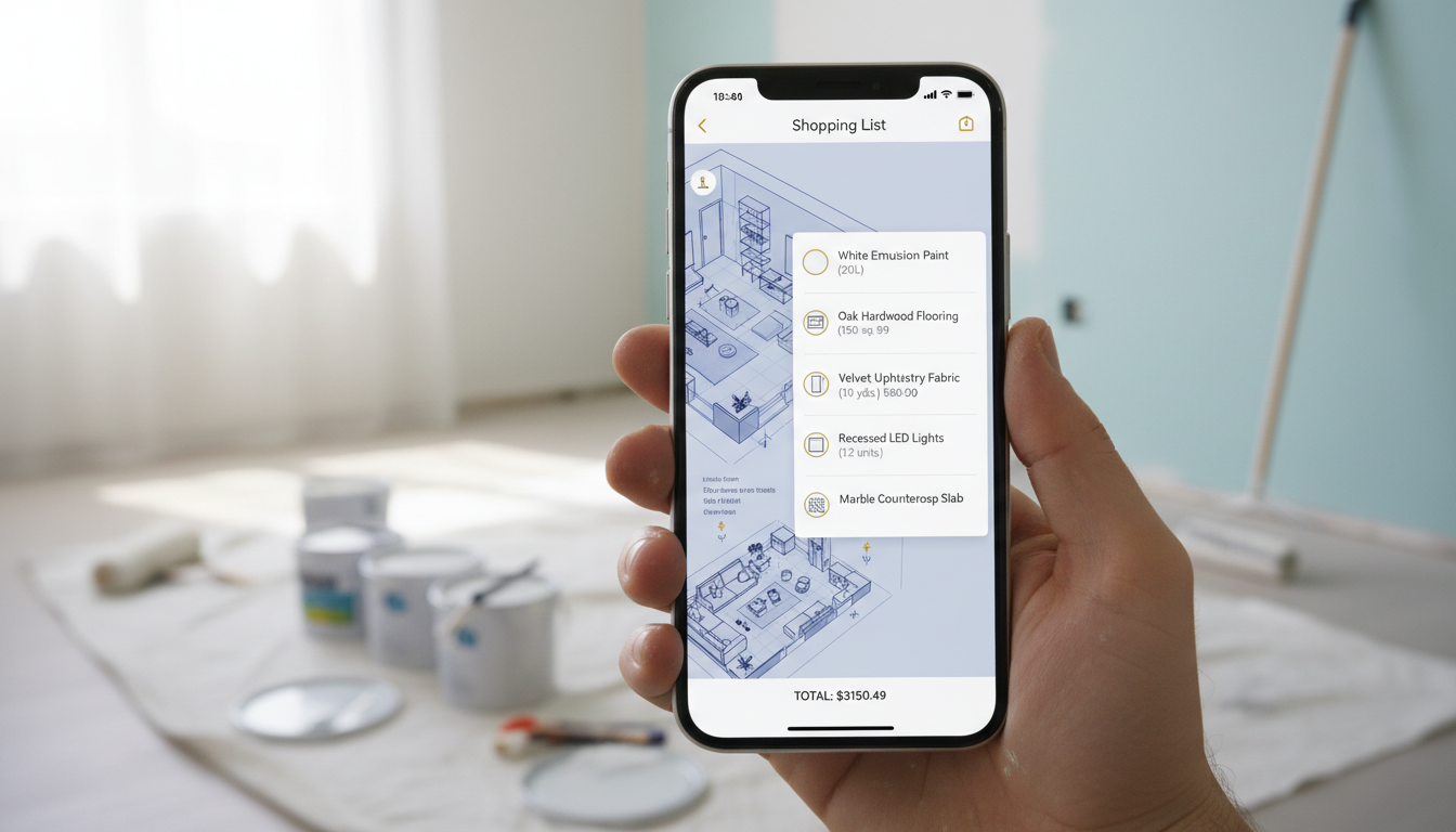 Экран смартфона с готовой 3D-планировкой комнаты и списком покупок для ремонта, сгенерированным искусственным интеллектом