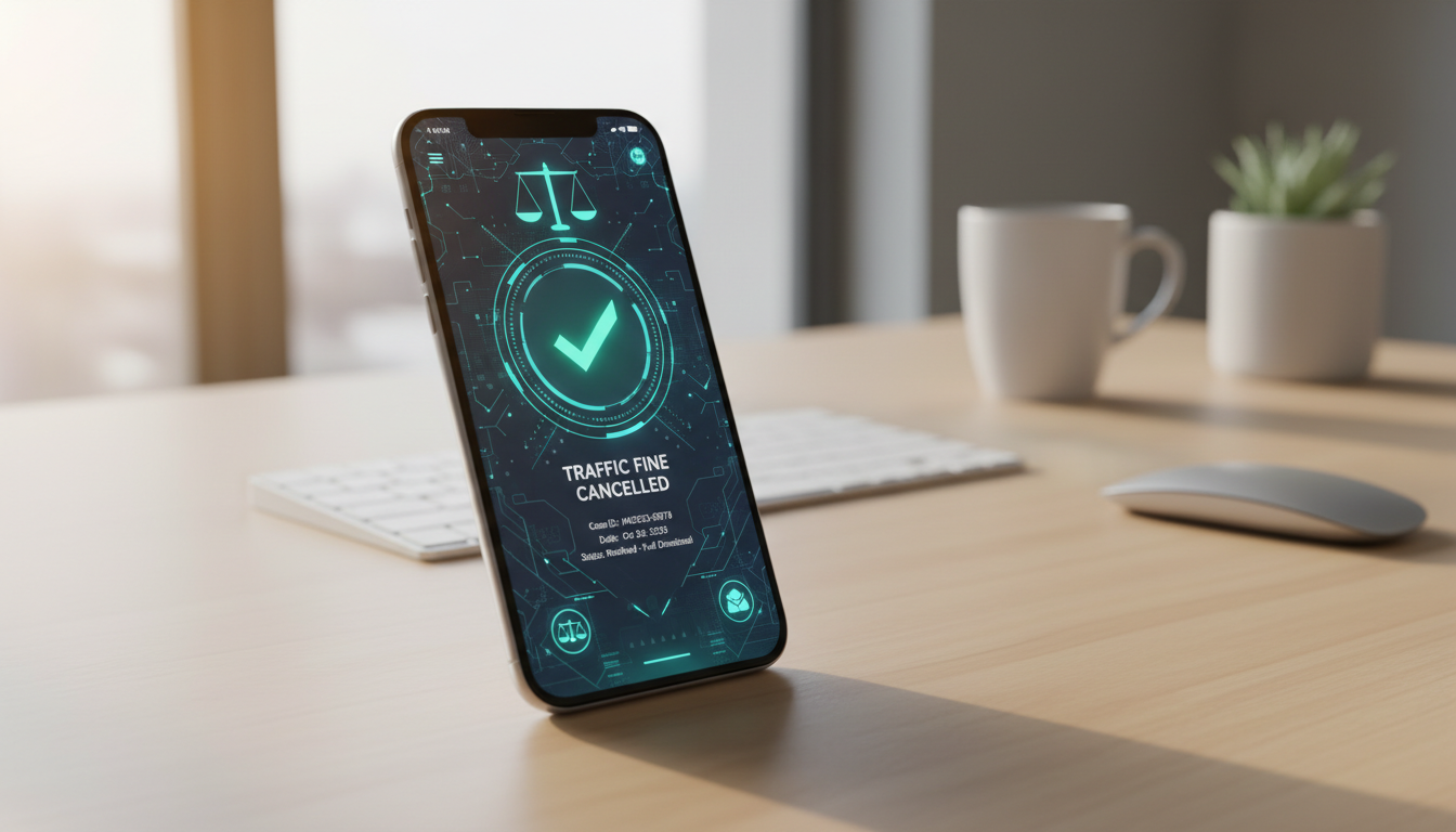 Экран смартфона с уведомлением об успешной отмене автомобильного штрафа с помощью ИИ