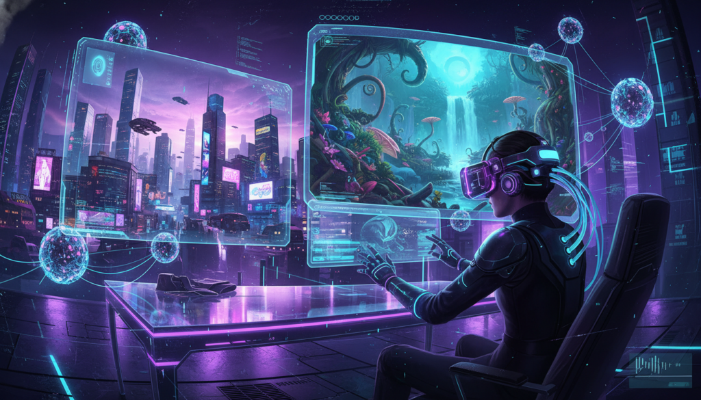 Человек в футуристических VR-очках создает голографический виртуальный мир с помощью нейросетей