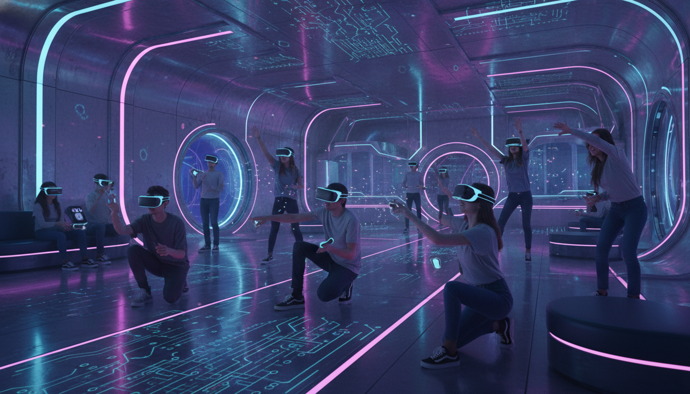 Люди в VR-шлемах играют в квесты, созданные оператором реальности