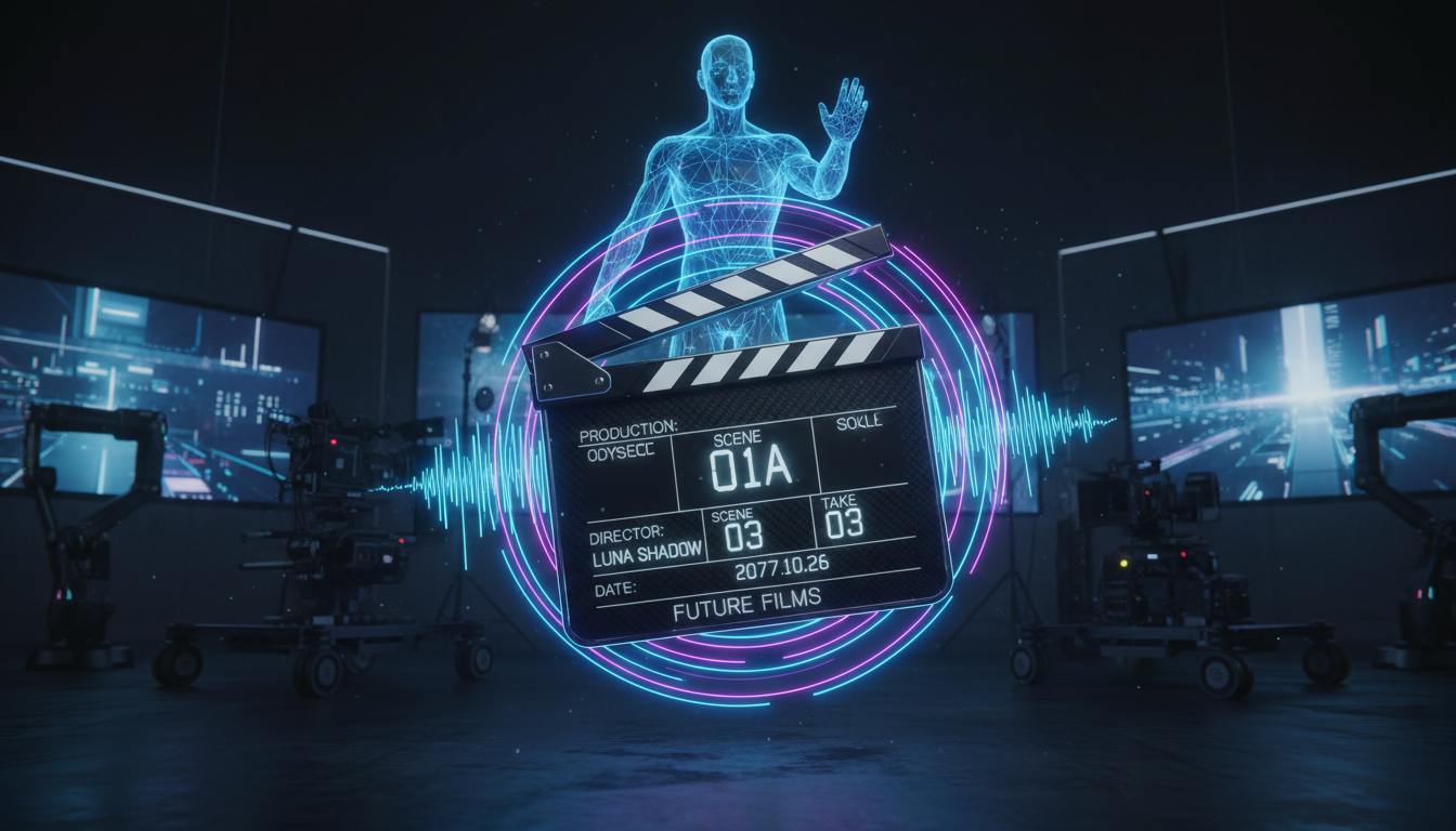 Футуристическая кинохлопушка с неоновыми звуковыми волнами и 3D-проекцией цифрового аватара