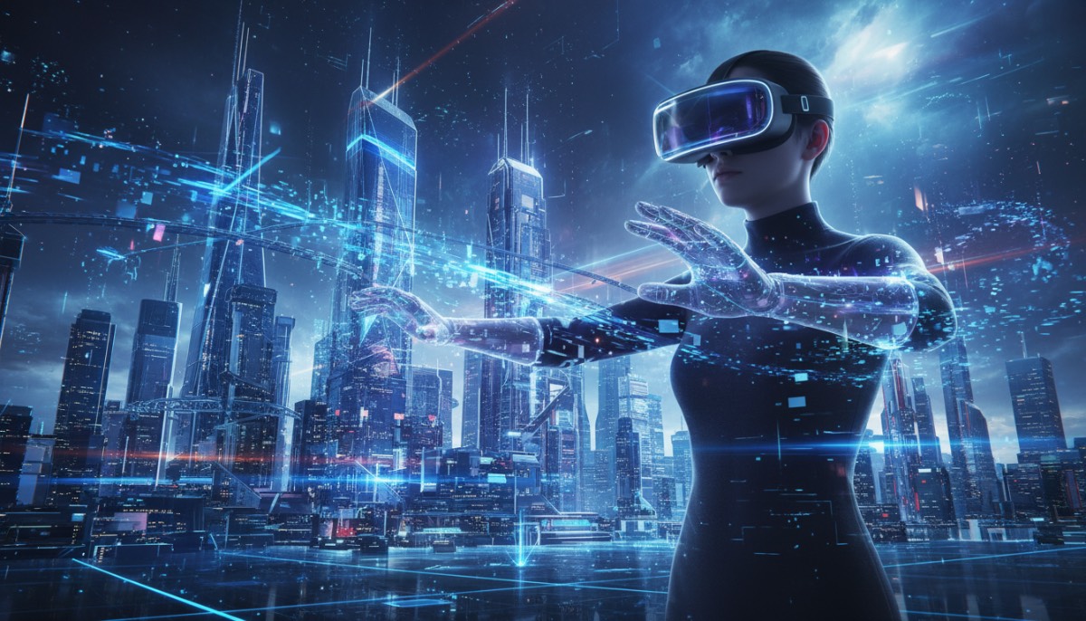 Человек в VR-шлеме создает светящийся виртуальный город с помощью нейросетей