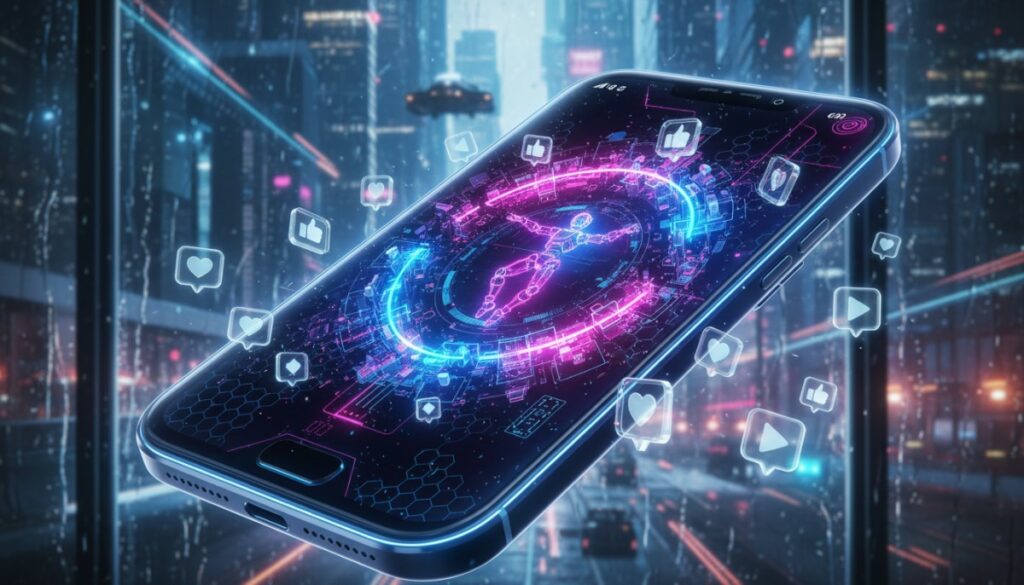Футуристичный смартфон с ярким видео и летающими лайками