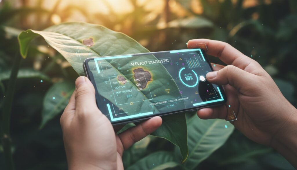 Человек в саду использует искусственный интеллект на смартфоне для диагностики болезни листа растения.