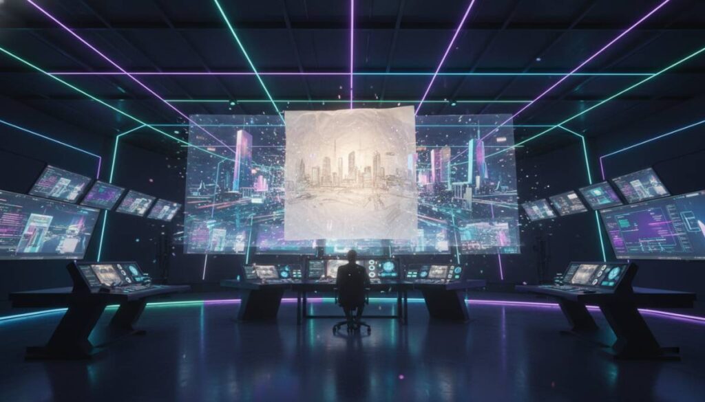 Светящаяся салфетка с простым эскизом превращается в объемную 4K-сцену в футуристичной студии монтажа.