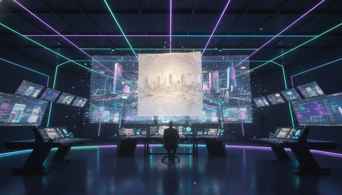 Светящаяся салфетка с простым эскизом превращается в объемную 4K-сцену в футуристичной студии монтажа.