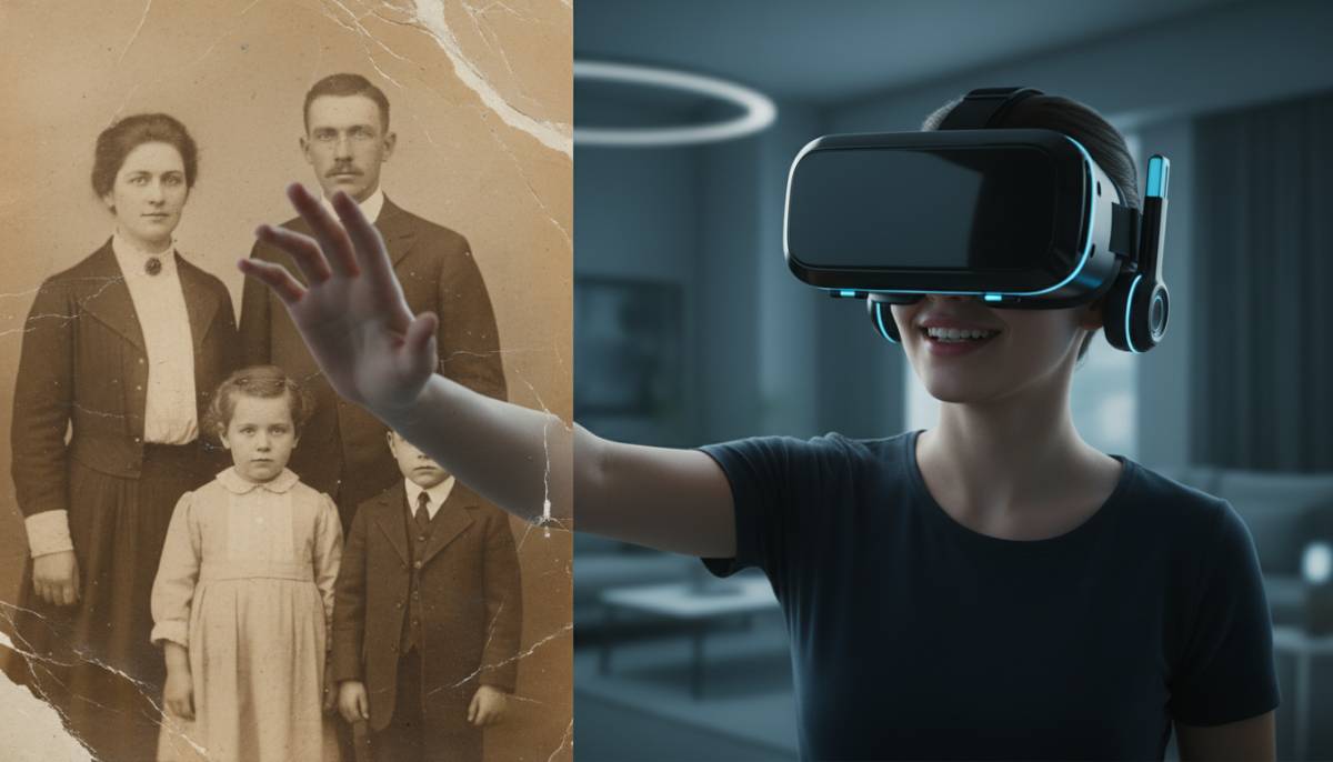 Сравнение старой фотографии и человека в VR-шлеме, погруженного в воспоминания.