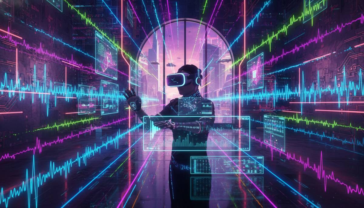 Человек в стильной VR-гарнитуре создает музыку через голографический интерфейс