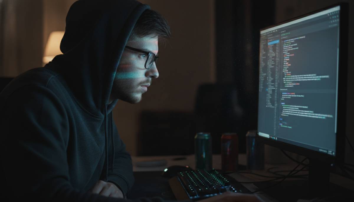 Разработчик пишет сложный код с помощью искусственного интеллекта.