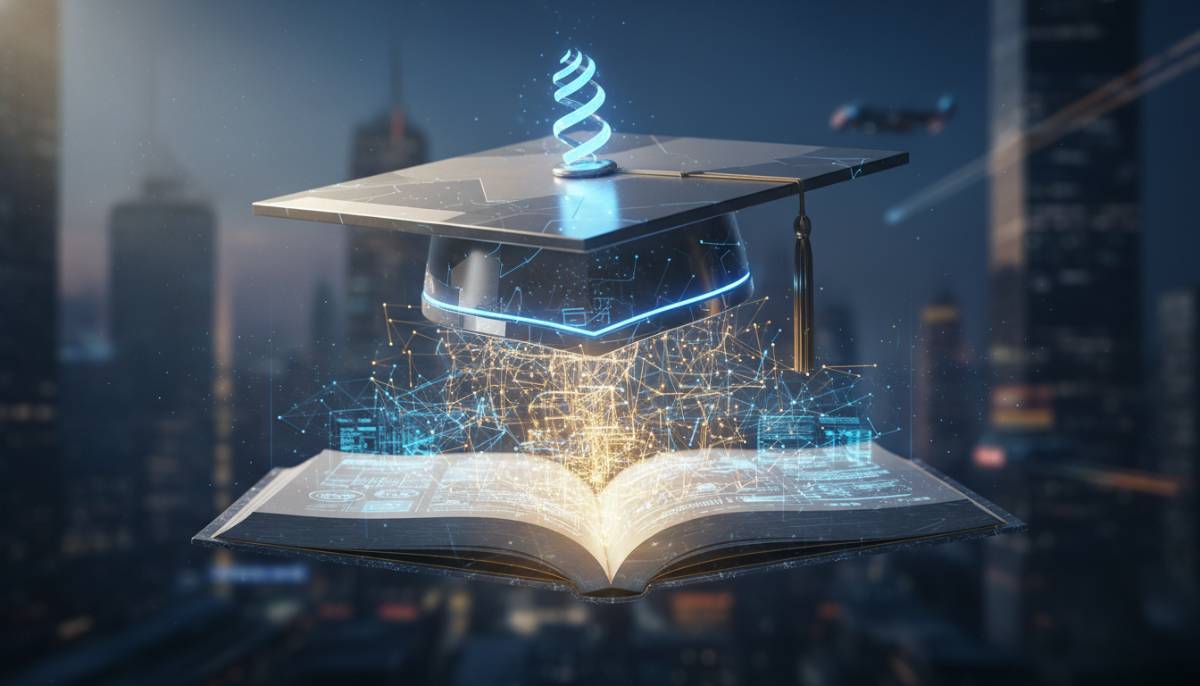 Академическая шапочка парит над книгой, окруженная светящимися линиями нейросети.