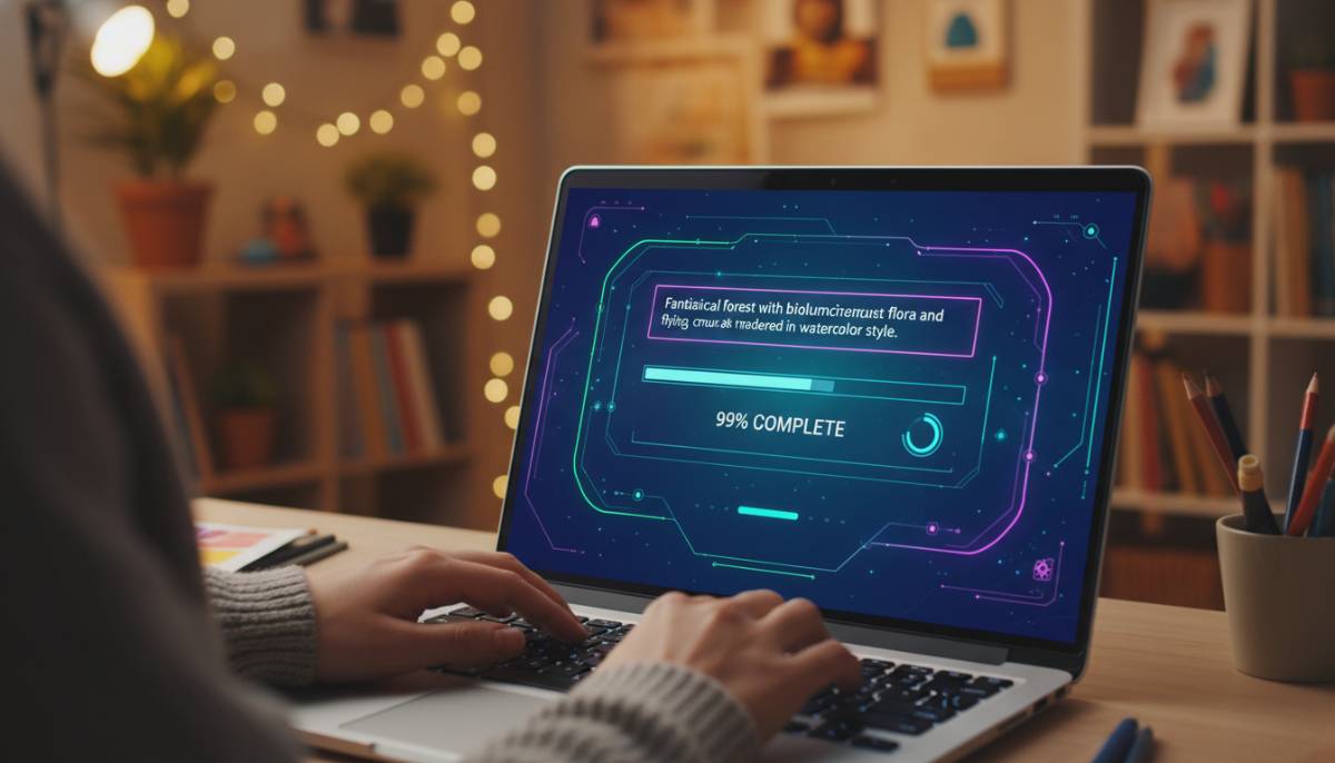 Человек работает за ноутбуком, на экране открыт интерфейс нейросети для создания видео с заполненным текстовым запросом.