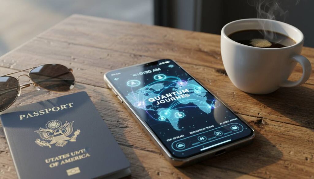 Смартфон с открытым приложением искусственного интеллекта лежит на столе рядом с паспортом и очками