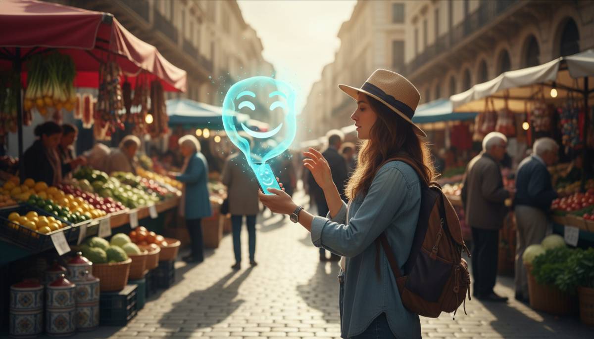 Турист с телефоном и виртуальным помощником на оживленной европейской улице