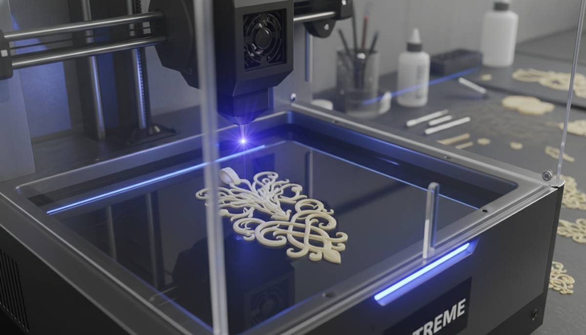 SLA 3D-принтер печатает сложную модель кулона из выжигаемой фотополимерной смолы.