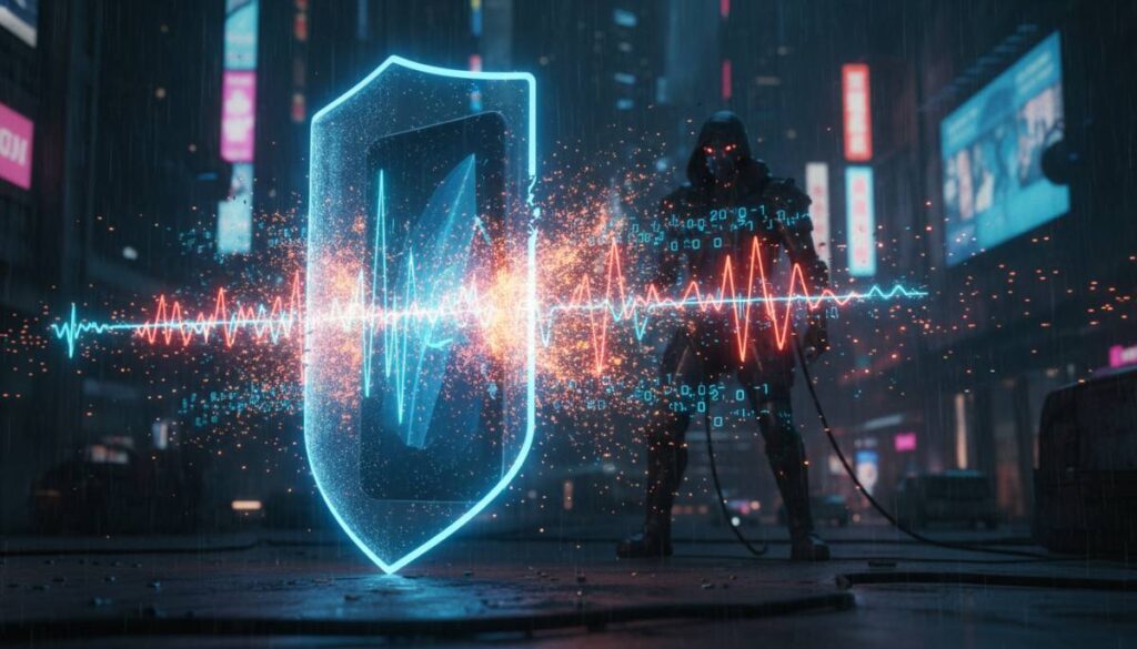Неоновый щит отражает цифровые атаки от смартфона, символизируя защиту от телефонных мошенников с помощью нейросетей.