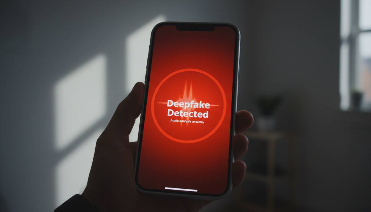 Экран смартфона с красным предупреждением об обнаружении сгенерированного голоса во время звонка.