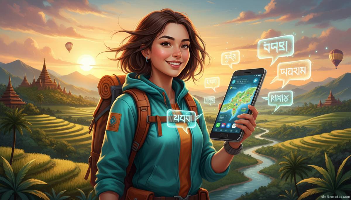Иллюстрация туриста со смартфоном, вокруг которого парят светящиеся символы экзотических диалектов.