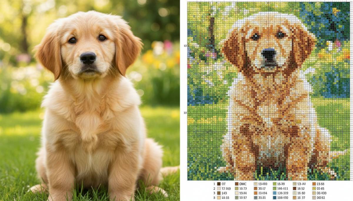 Превращение фотографии в схему для вышивки Сравнение оригинальной фотографии золотистого ретривера и готовой схемы для вышивки крестиком, созданной нейросетью.