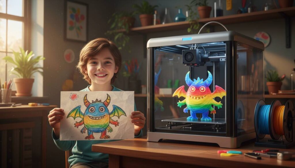 Мальчик держит рисунок монстра, а 3D-принтер рядом печатает его объемную фигурку.