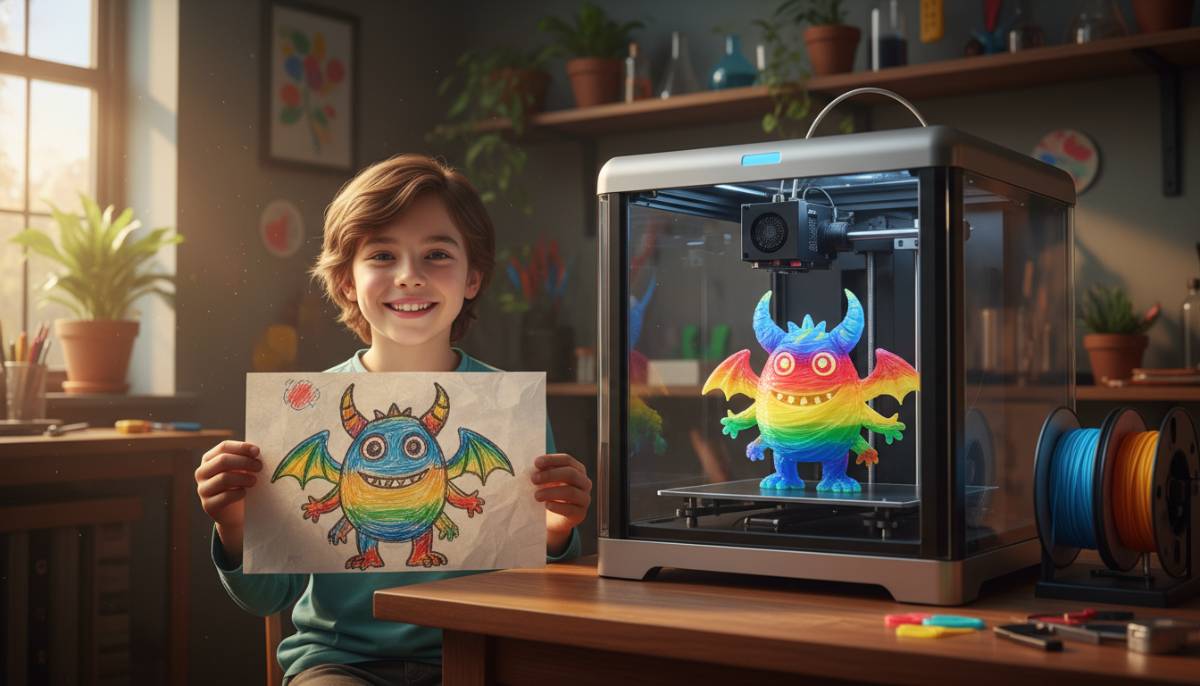 Мальчик держит рисунок монстра, а 3D-принтер рядом печатает его объемную фигурку.