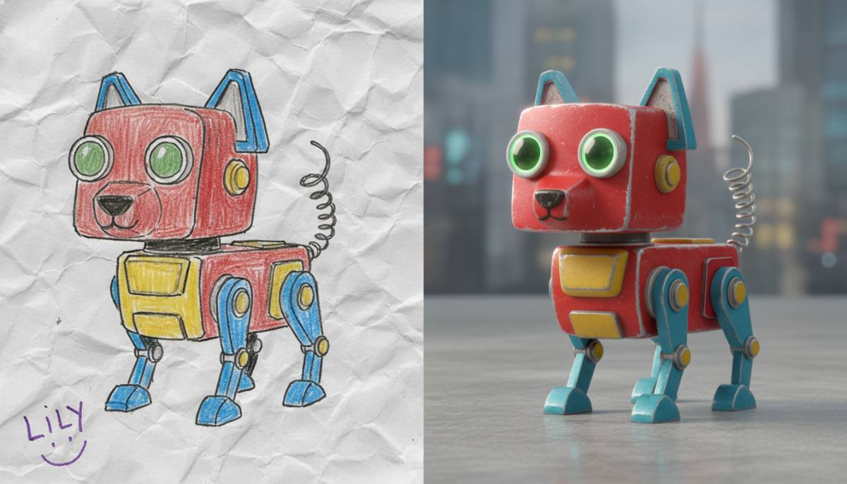Сравнение простого детского рисунка собаки-робота и профессионального 3D-рендера, созданного нейросетью.