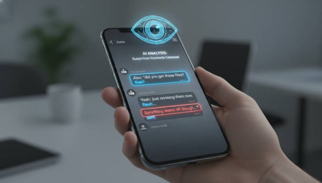 Экран смартфона, на котором искусственный интеллект подсвечивает манипулятивные фразы в переписке.