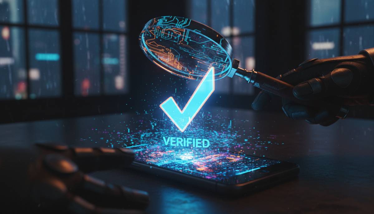 Умная лупа анализирует цифровые данные на экране смартфона, выявляя истину среди хаоса.