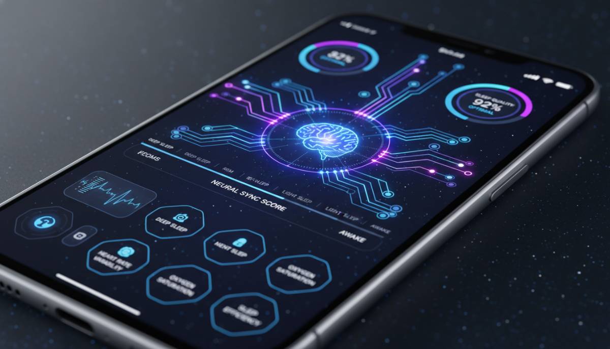 Экран смартфона с детализированными графиками фаз сна и рекомендациями от искусственного интеллекта.
