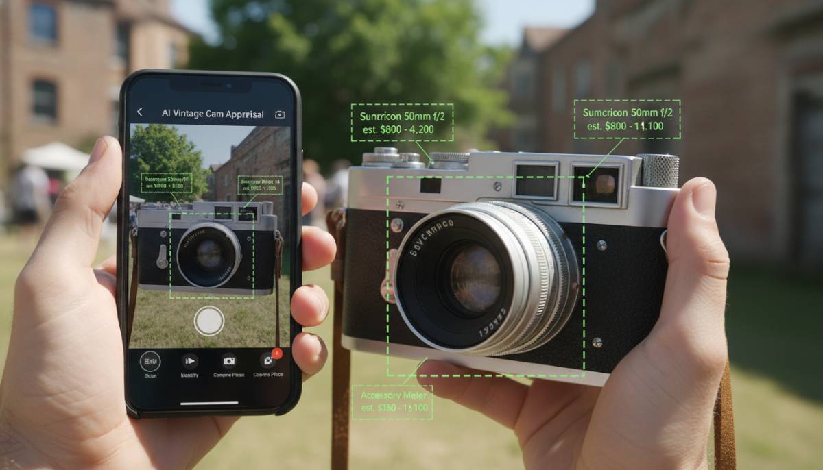Экран смартфона показывает рыночную стоимость старого фотоаппарата.