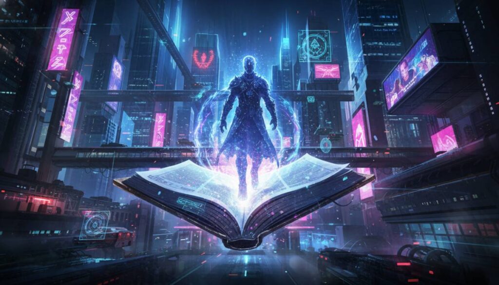 Светящаяся книга, из которой появляется голографический силуэт человека.