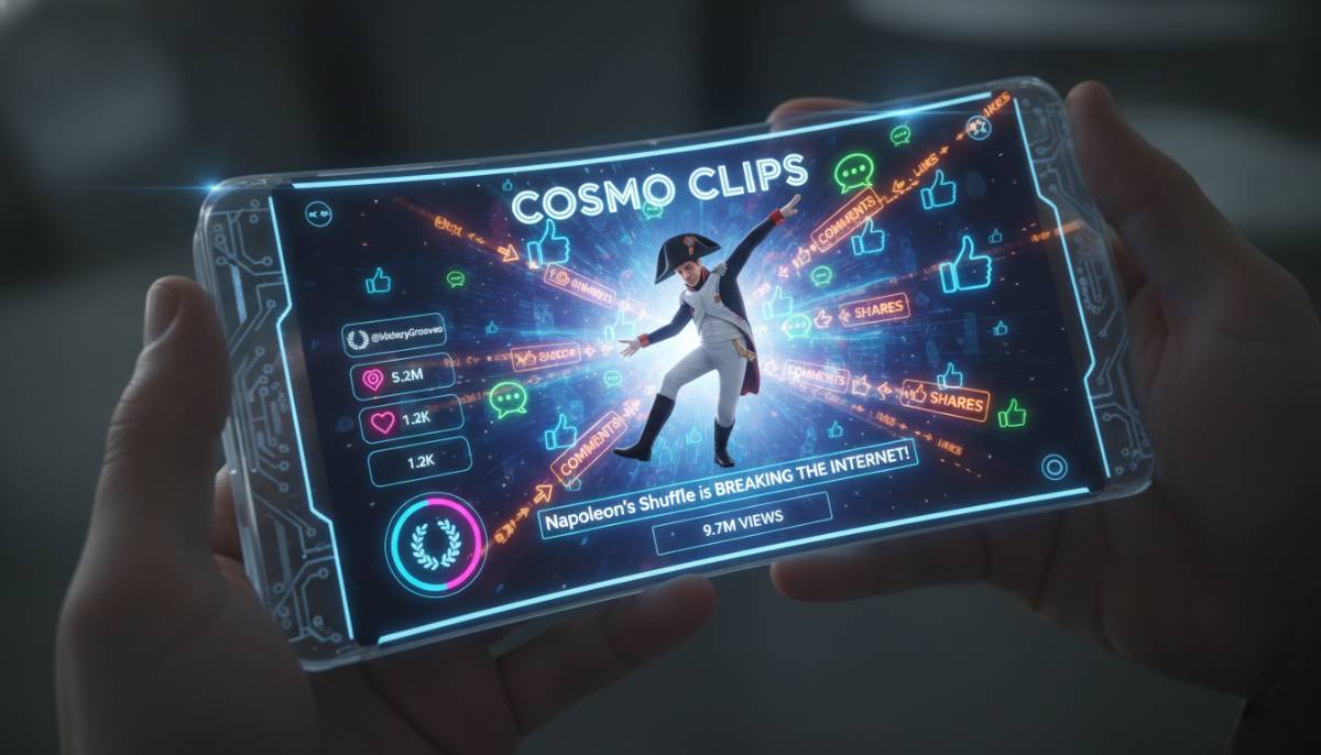 Экран смартфона с популярным коротким видео, где историческая личность собирает тысячи лайков и комментариев.