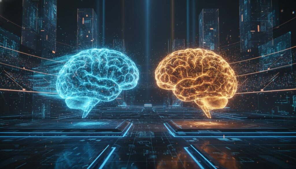 Футуристическая иллюстрация, символизирующая битву искусственного интеллекта и процесс глубокого машинного мышления.