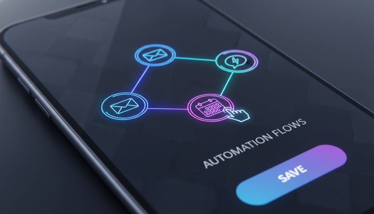 Интерфейс настройки ИИ-агентов на смартфоне Экран смартфона, на котором визуально соединены иконки почты, календаря и мессенджера для создания нейросети.