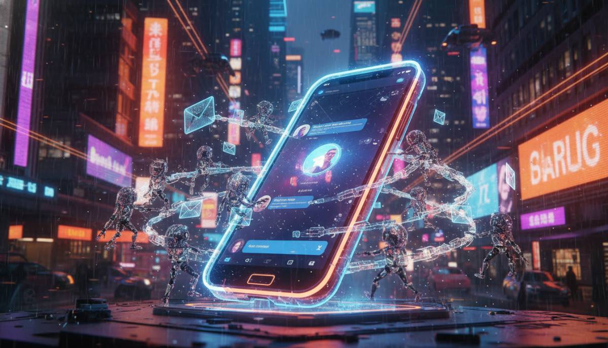 Смартфон с открытым чатом, вокруг которого летают цифровые помощники.
