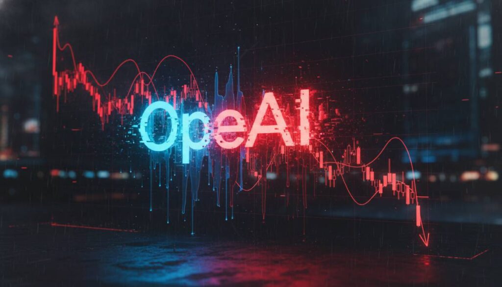 Логотип OpenAI на фоне красных графиков, символизирующих финансовые потери компании в 2026 году.