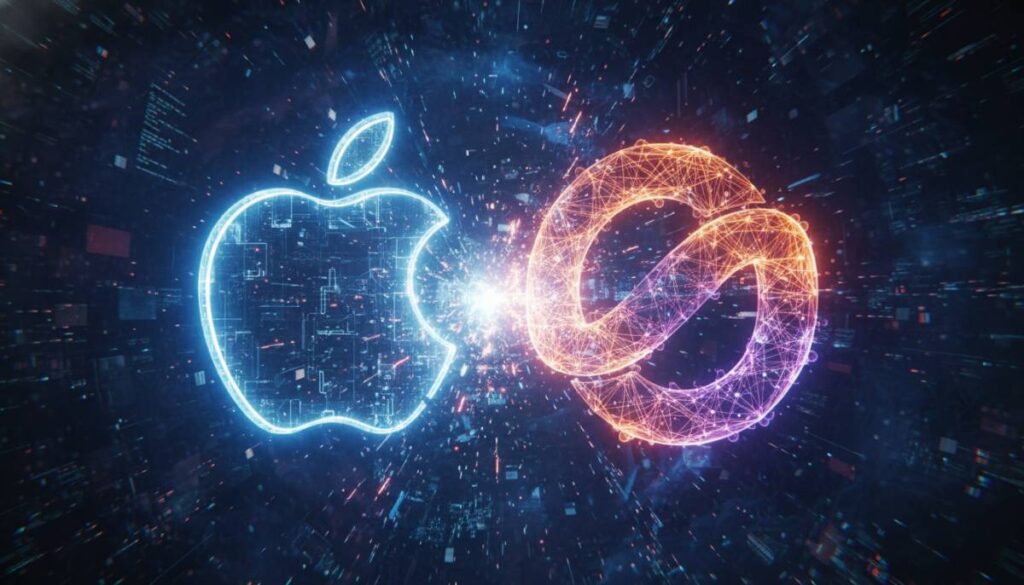 Логотипы Apple и OpenAI сталкиваются в цифровом пространстве.