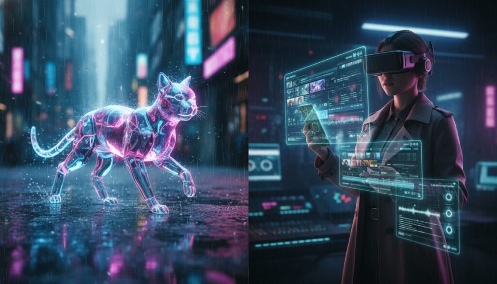 Кинематографичный стеклянный кот и голографический интерфейс смартфона для видеомонтажа