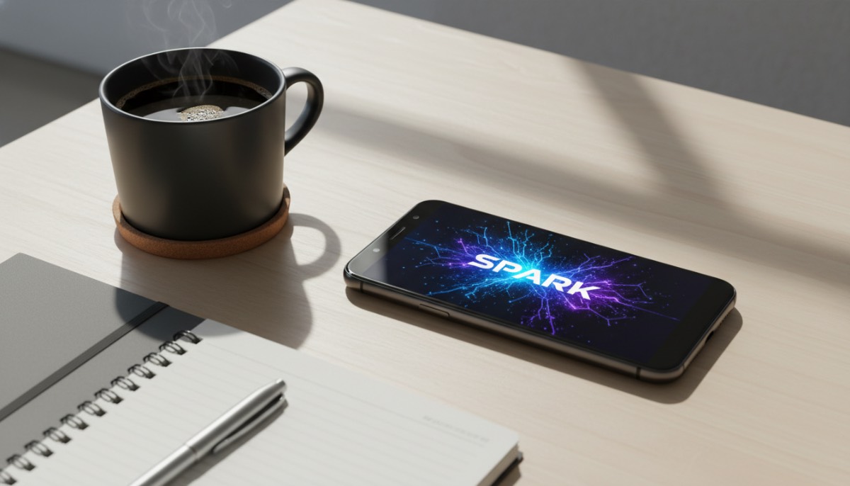 Рабочий стол предпринимателя со смартфоном, где работает нейросеть Google Spark.