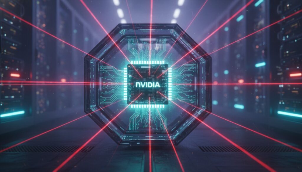 Иллюстрация микрочипа Nvidia под защитными лазерами на фоне облачного дата-центра, символизирующая санкции и ограничение поставок.