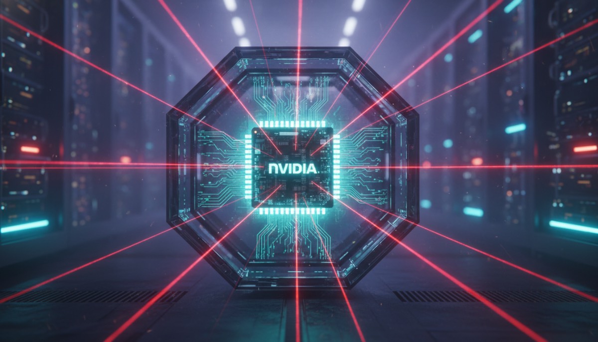 Заблокированный чип Nvidia в серверной Иллюстрация микрочипа Nvidia под защитными лазерами на фоне облачного дата-центра, символизирующая санкции и ограничение поставок.