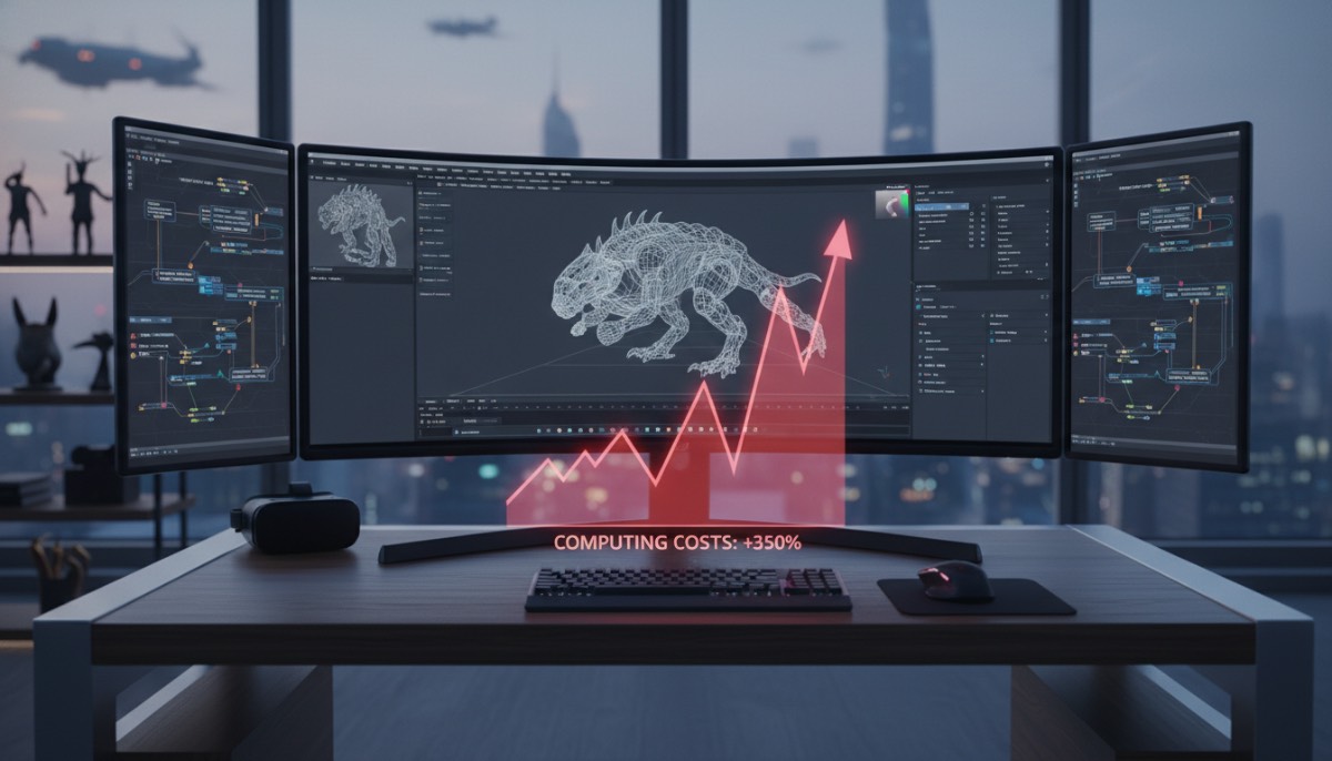 Рабочее место 3D-дизайнера с голограммой графика цен Стол фрилансера с мониторами, на которых открыты нейросети, и голографический график, показывающий рост стоимости облачных вычислений.
