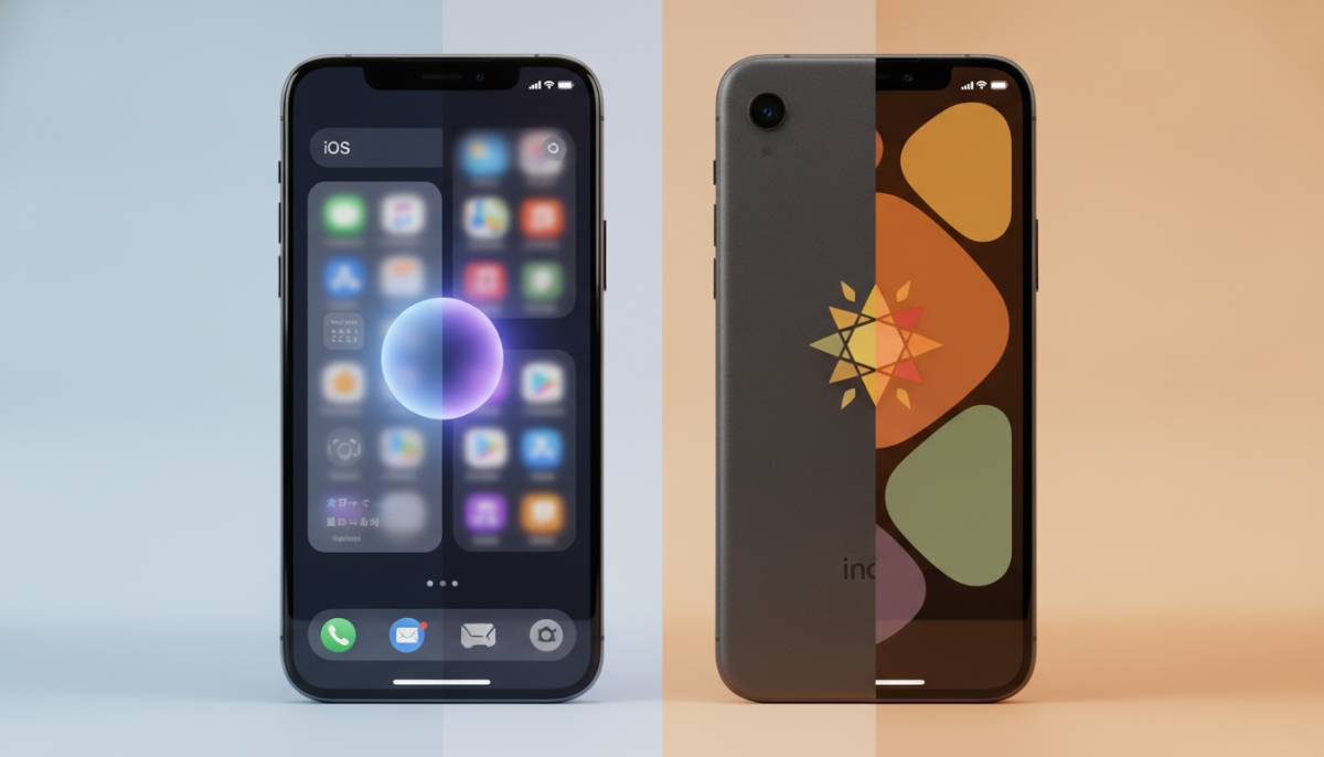 Сравнение ИИ на iOS и Android Два смартфона рядом, демонстрирующие работу искусственного интеллекта на разных операционных системах
