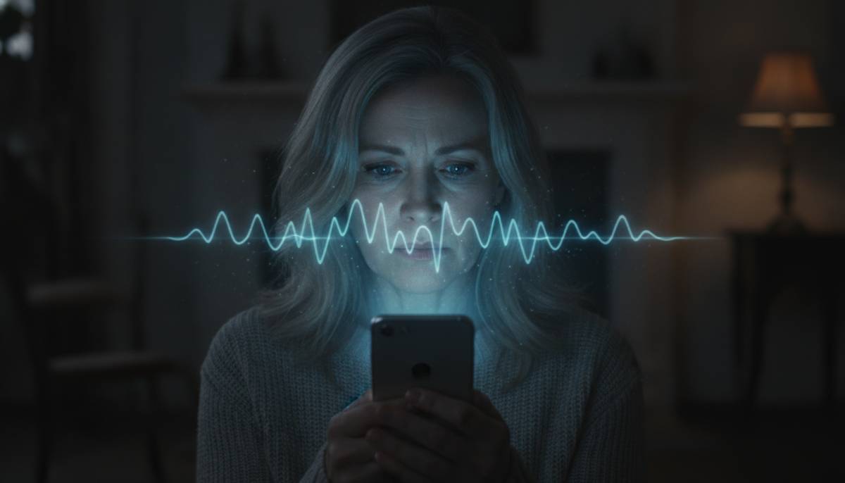 Женщина с тревогой смотрит на экран смартфона во время звонка Встревоженная женщина держит телефон, из которого исходит цифровое свечение, символизирующее звонок от нейросети.