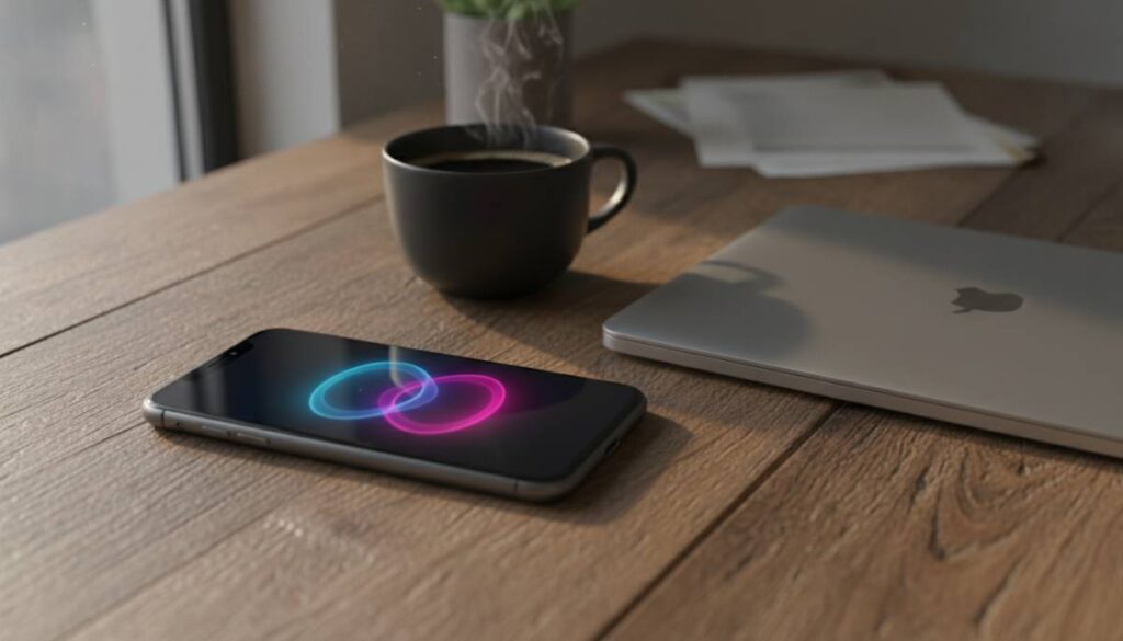 Смартфон Apple на рабочем столе с обновленным интерфейсом голосового помощника Siri на базе нейросетей.