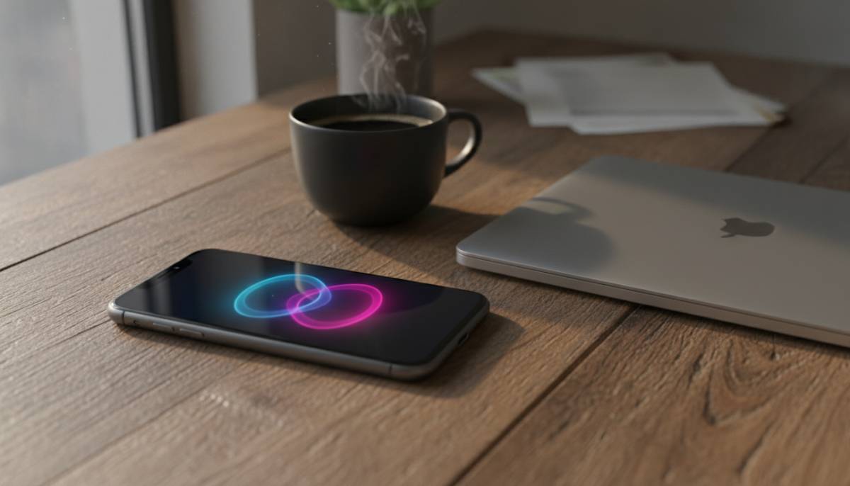 Смартфон Apple на рабочем столе с обновленным интерфейсом голосового помощника Siri на базе нейросетей.