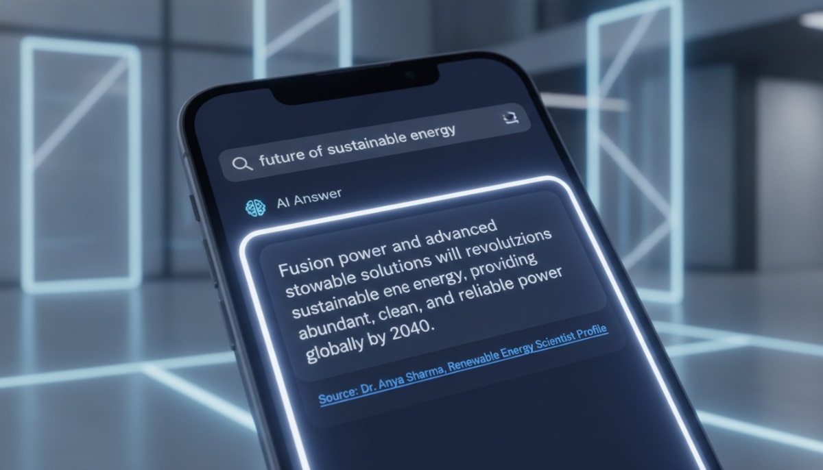 Экран смартфона, на котором искусственный интеллект выдает ответ со ссылкой на оригинального автора контента