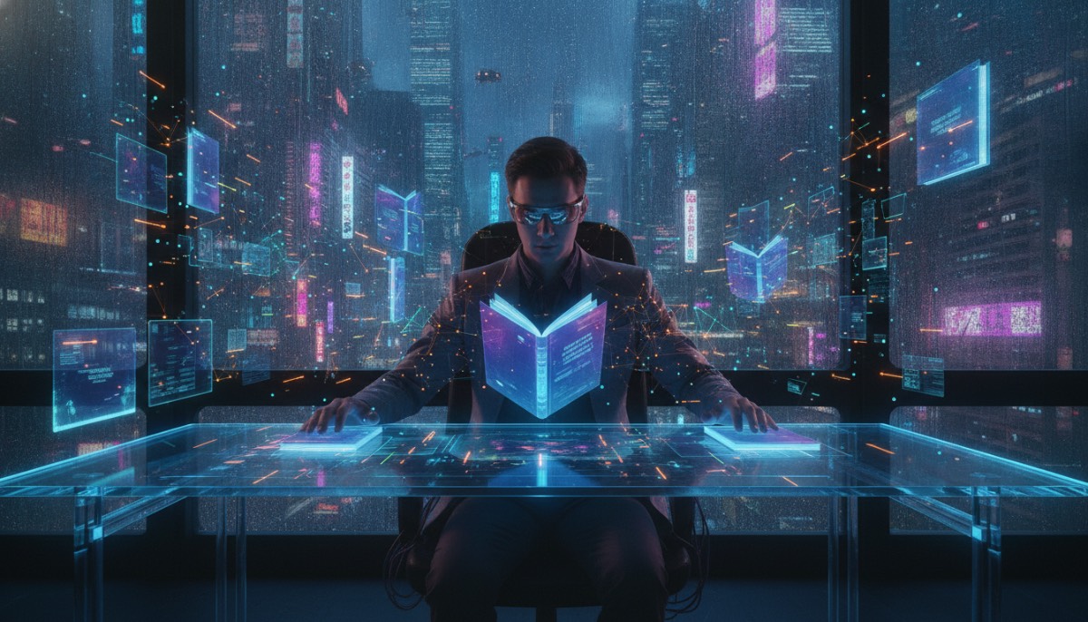 Человек анализирует десятки книг одновременно через голографический интерфейс нейросети
