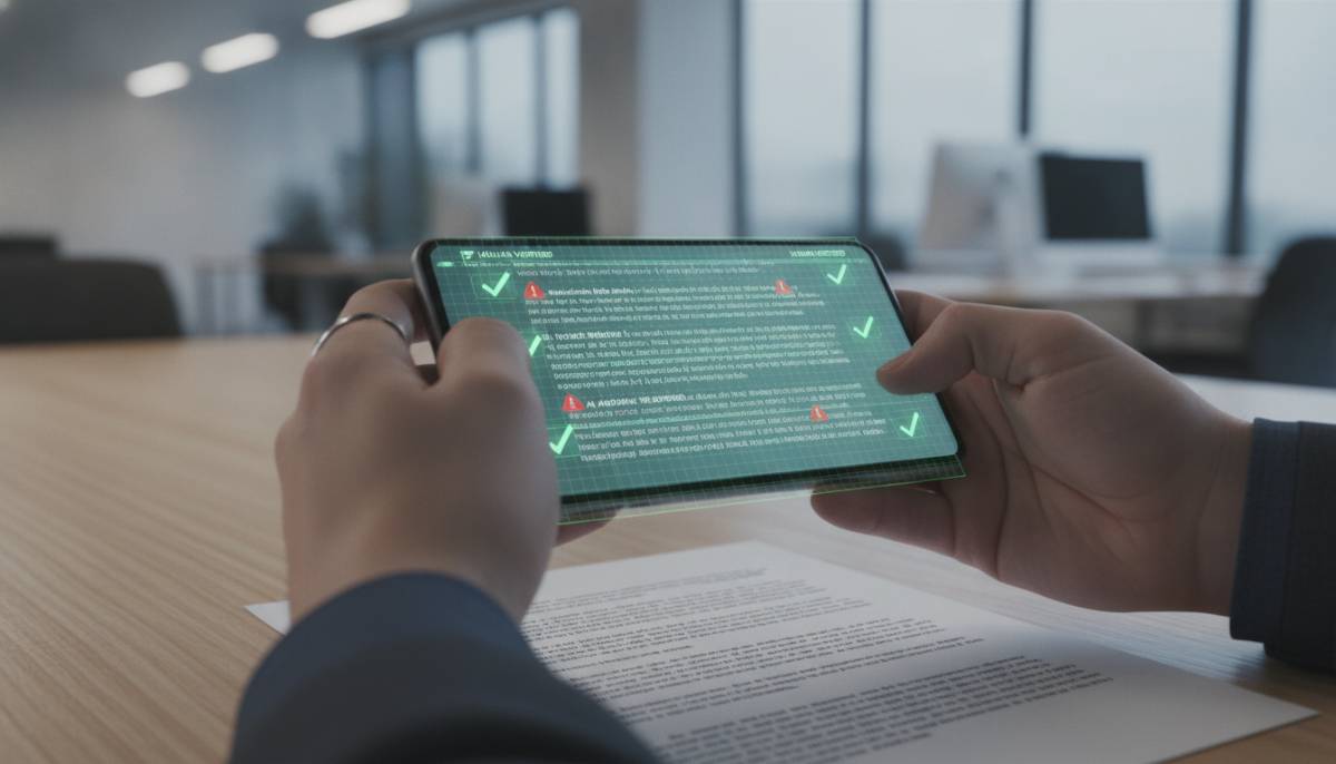 Проверка документа на подлинность через смартфон Человек сканирует документ с помощью приложения для выявления ИИ-подделок