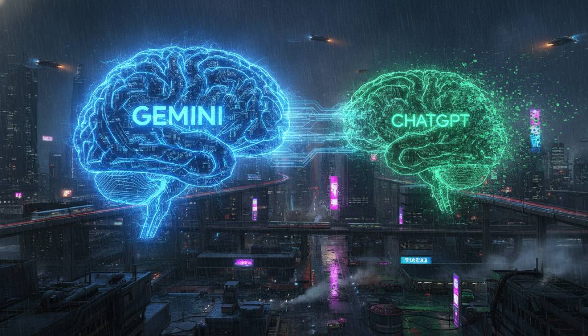 Светящийся синий мозг Google Gemini побеждает зеленый мозг ChatGPT на футуристичном фоне