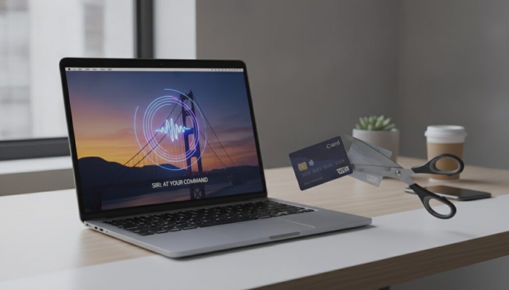 Рабочий стол фрилансера с открытым MacBook, на экране которого работает искусственный интеллект от Apple, рядом разрезанная кредитная карта